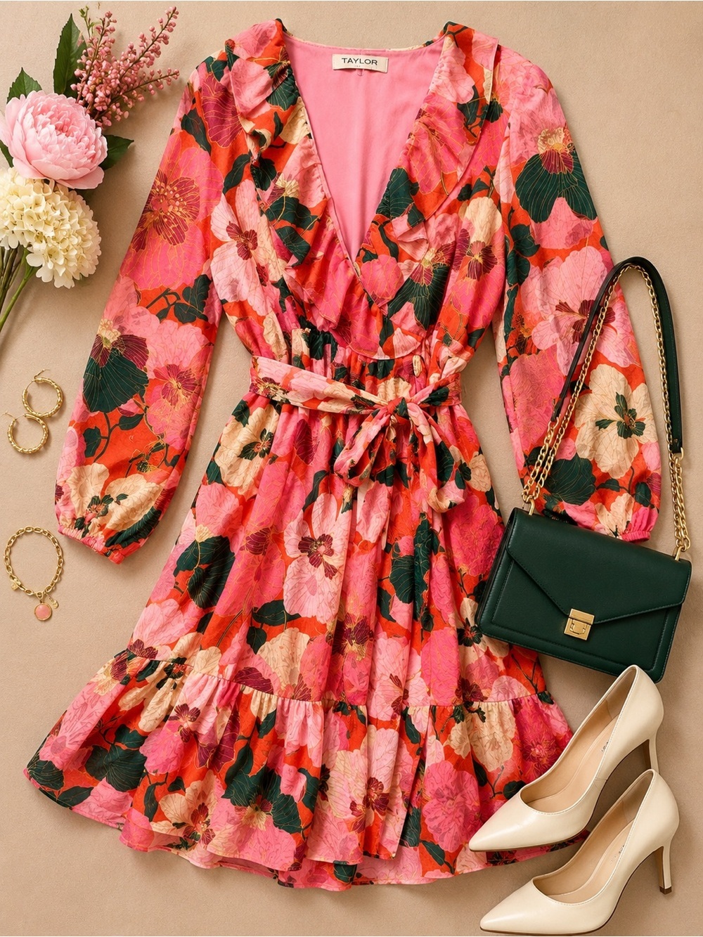 🌺 Taylor Garden Botanical Pink Dahlia Faux Wrap Dress